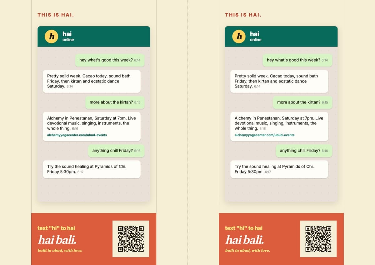 Poster-style Hai WhatsApp chat demo